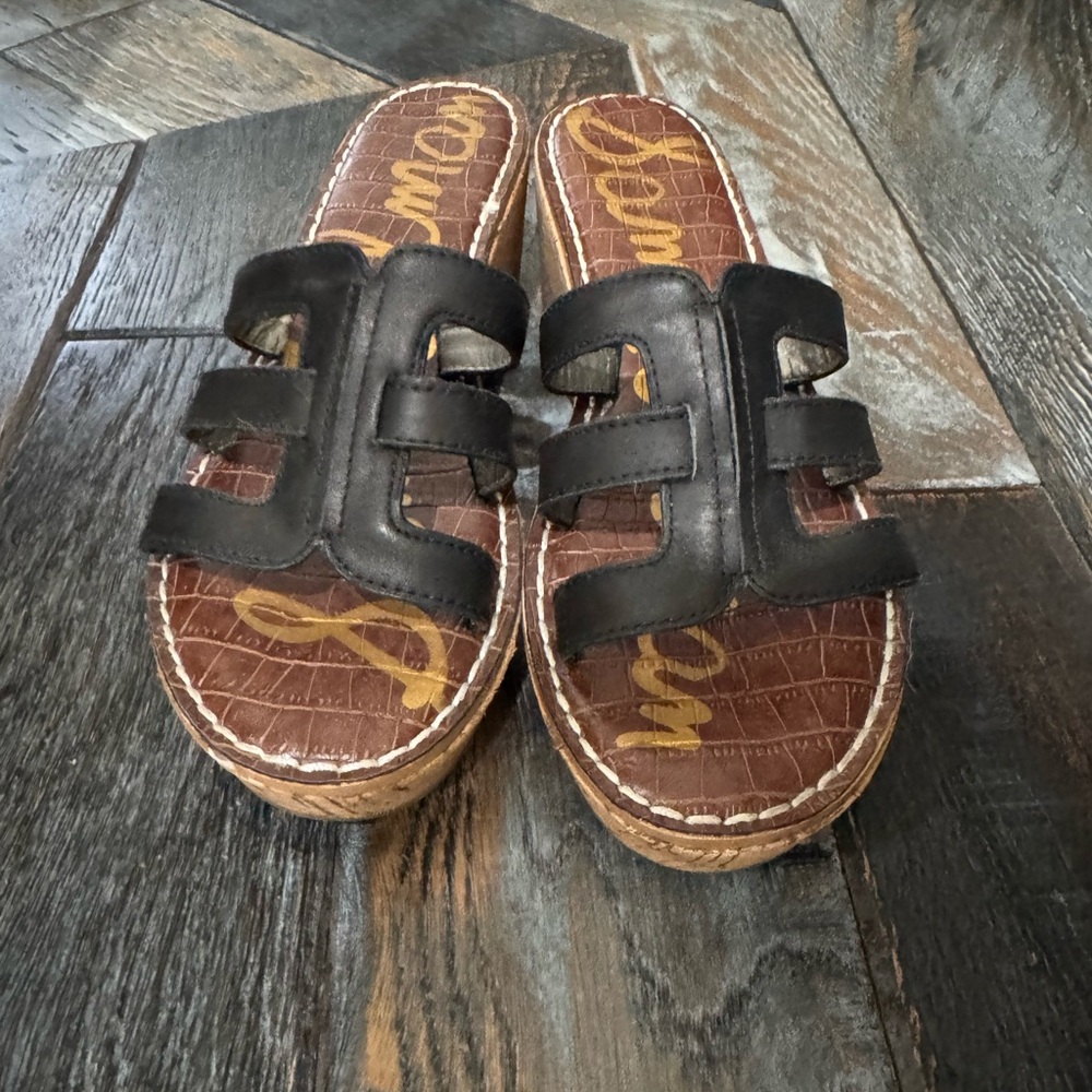 Sam Edelman wedge -Black Leather Slide Sandals with Cork Platform